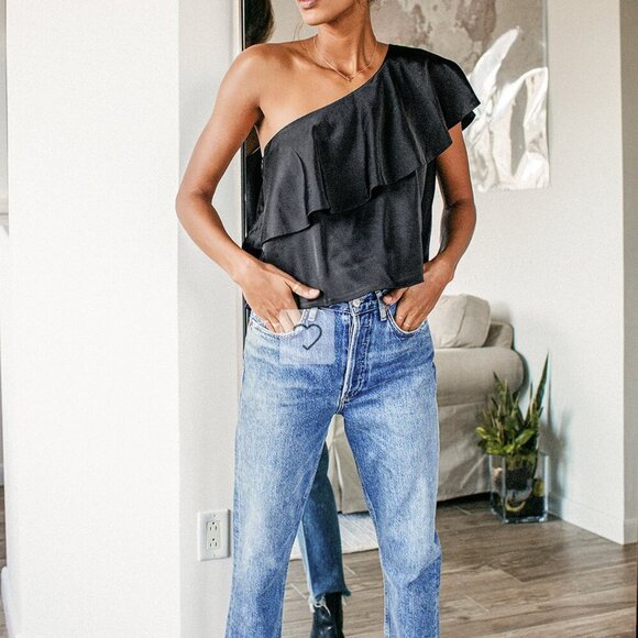 NWT Lulus Defining Style Black Satin Ruffled One-Shoulder Top - Picture 1 of 12